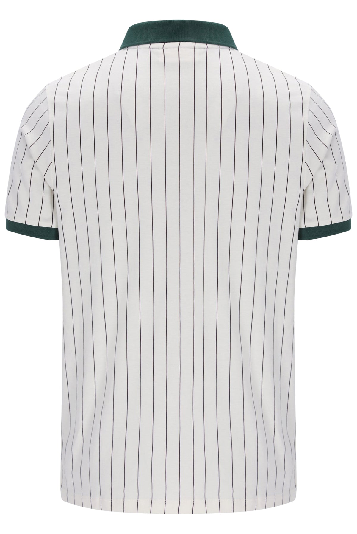 White short-sleeve polo shirt with thin vertical black pinstripes, featuring a dark green collar and sleeve cuffs, shown from the back.