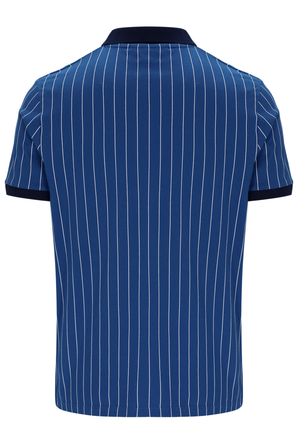 Blue pinstripe polo shirt on a white background