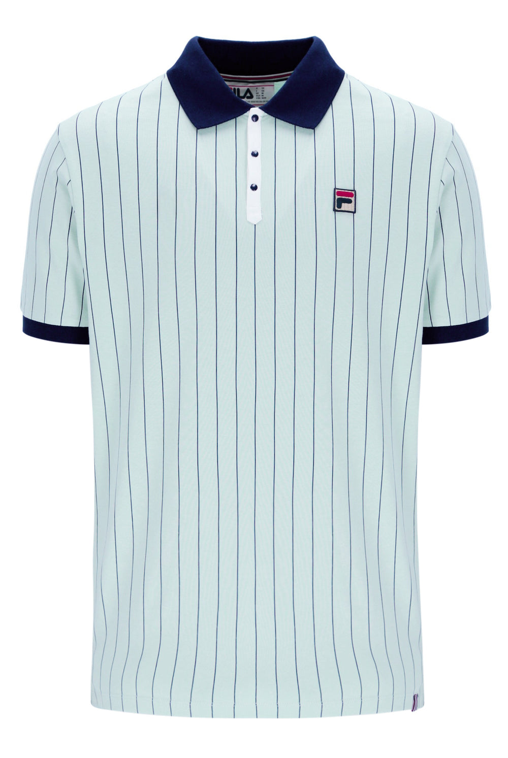 Light blue pinstripe polo shirt with dark blue collar and FILA logo on a white background