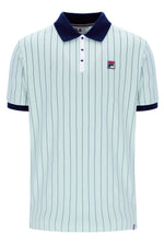 Light blue pinstripe polo shirt with dark blue collar and FILA logo on a white background