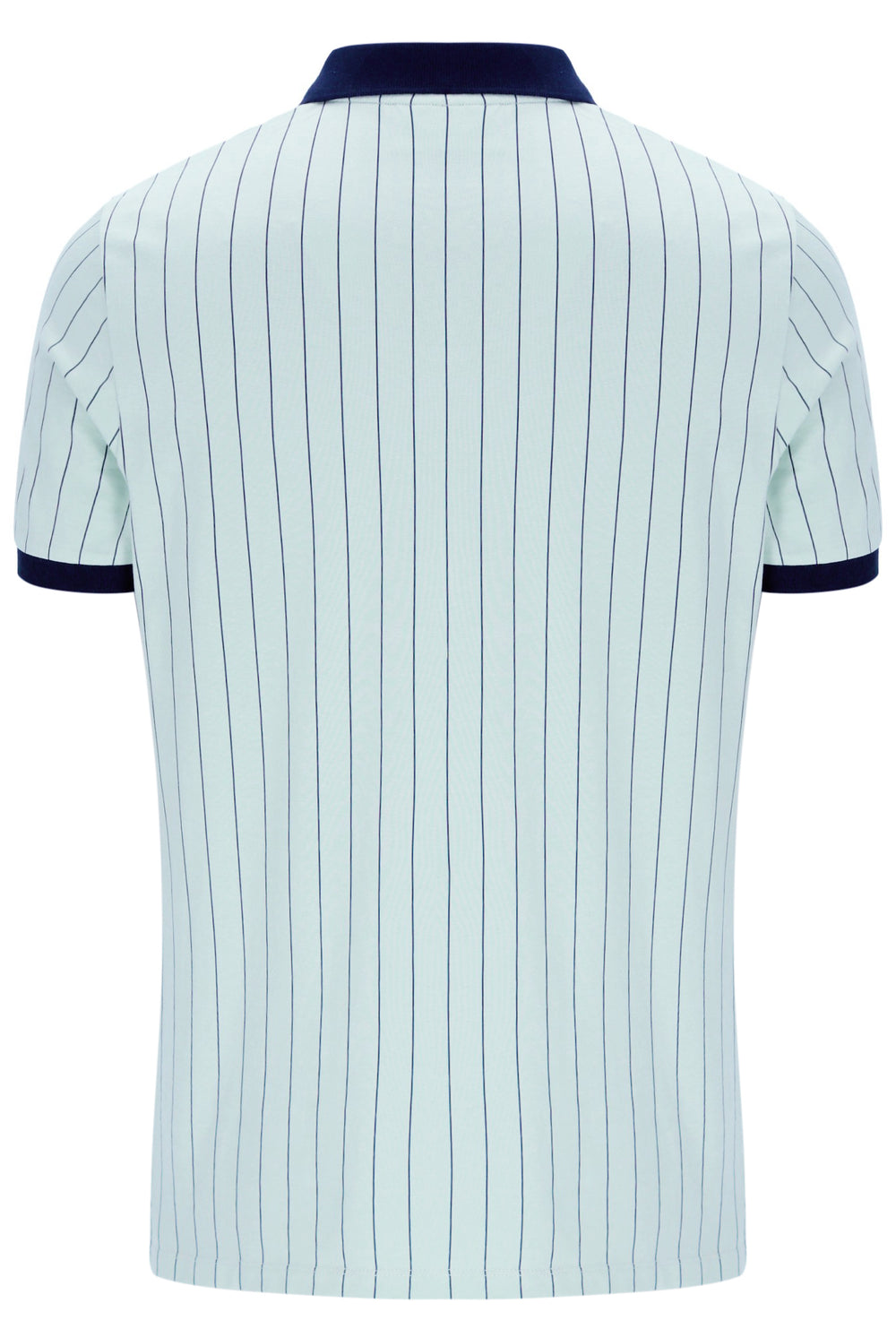 Light blue pinstripe polo shirt with dark blue trim on a white background