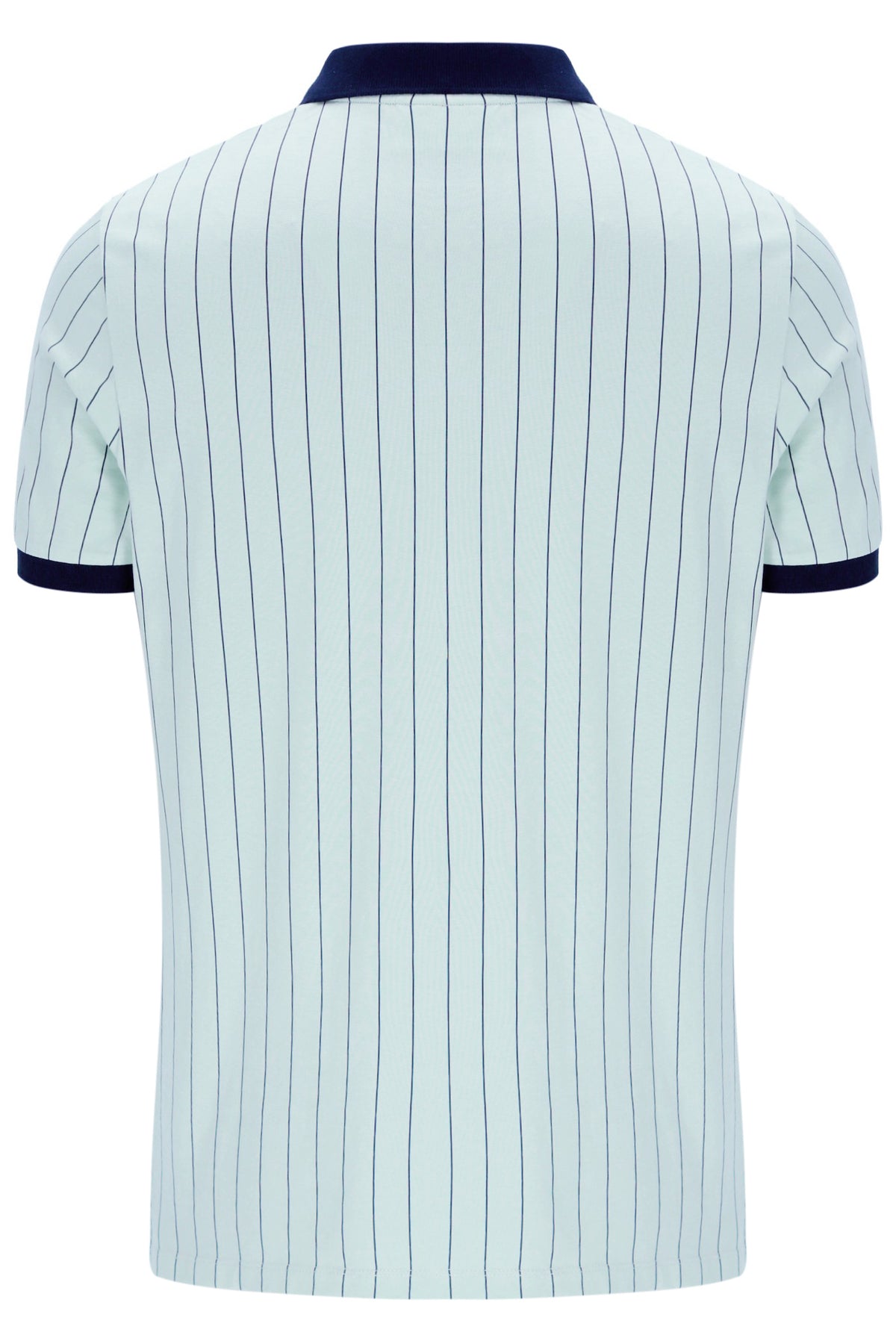 Light blue pinstripe polo shirt with dark blue trim on a white background