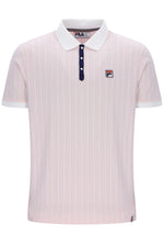 Pink striped polo shirt with white collar and FILA logo on a white background