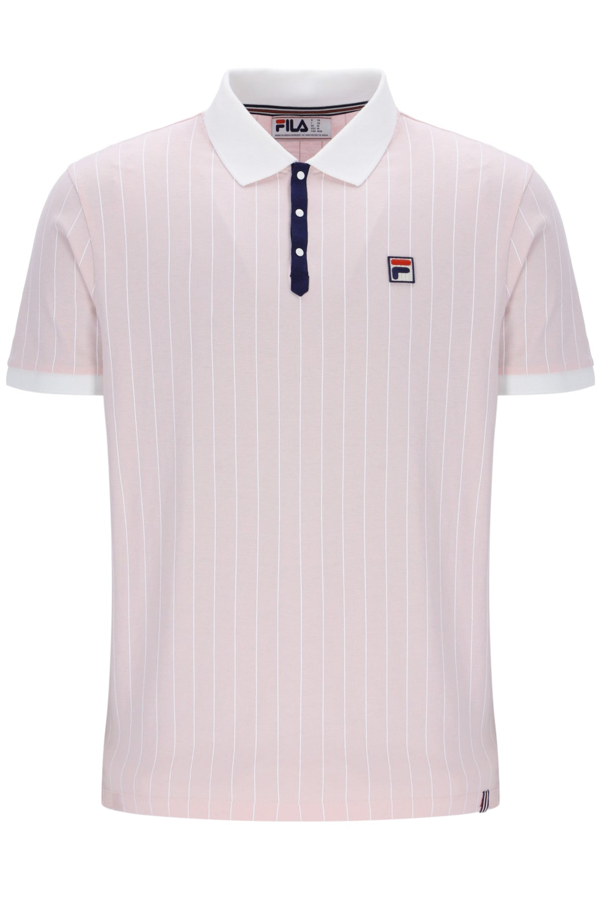 Pink striped polo shirt with white collar and FILA logo on a white background