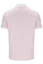 Pink pinstripe shirt with white trim on a white background