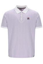 Purple striped polo shirt with white collar and FILA logo on a white background