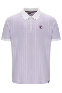 Purple striped polo shirt with white collar and FILA logo on a white background