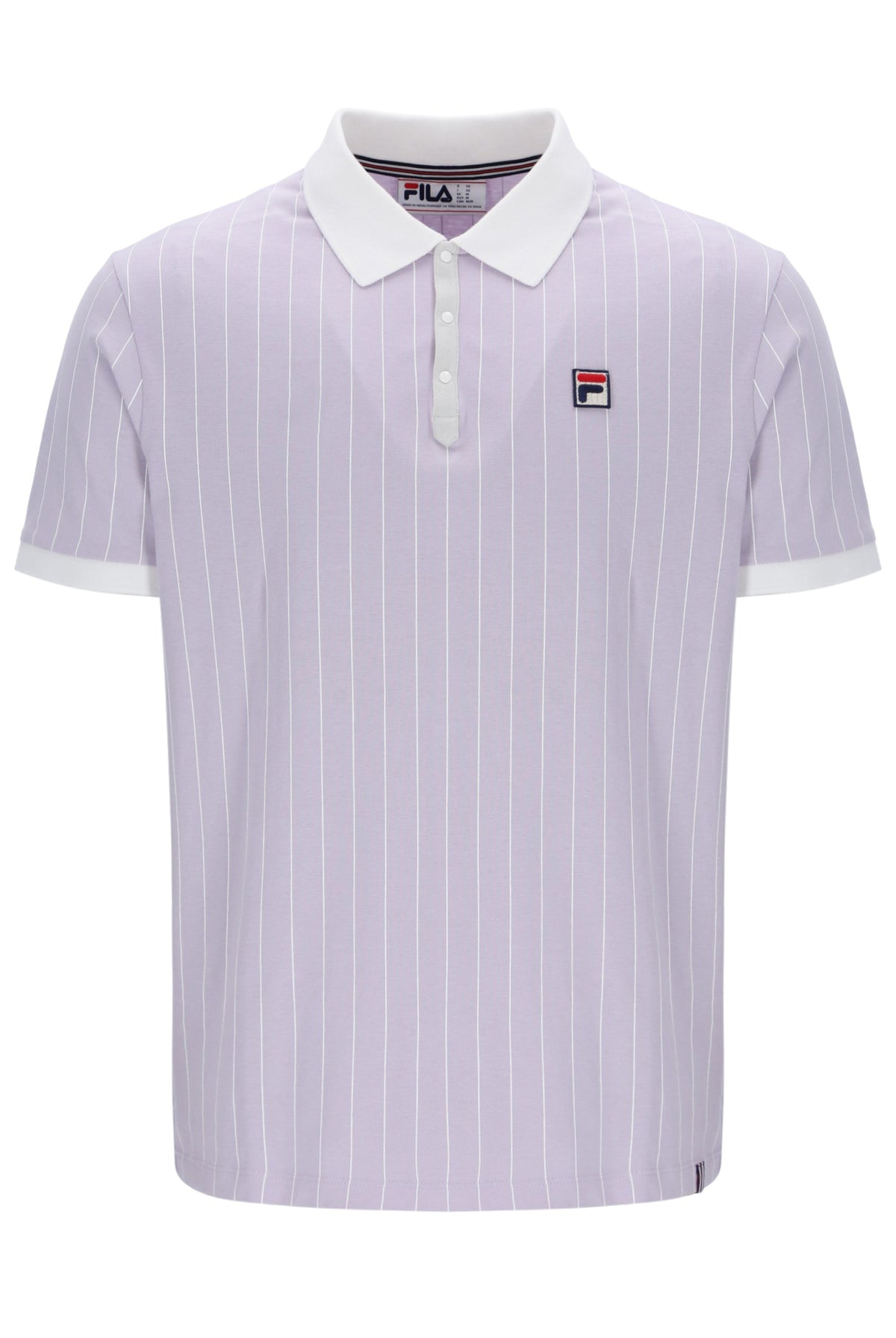 Purple striped polo shirt with white collar and FILA logo on a white background