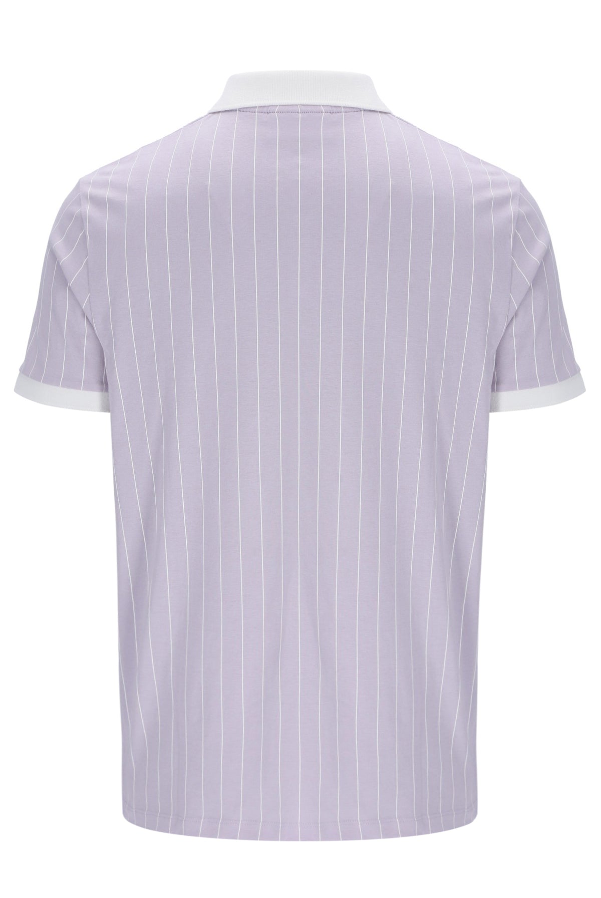 Purple pinstripe polo shirt on a white background