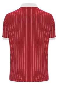 Red pinstripe polo shirt with white collar on a white background