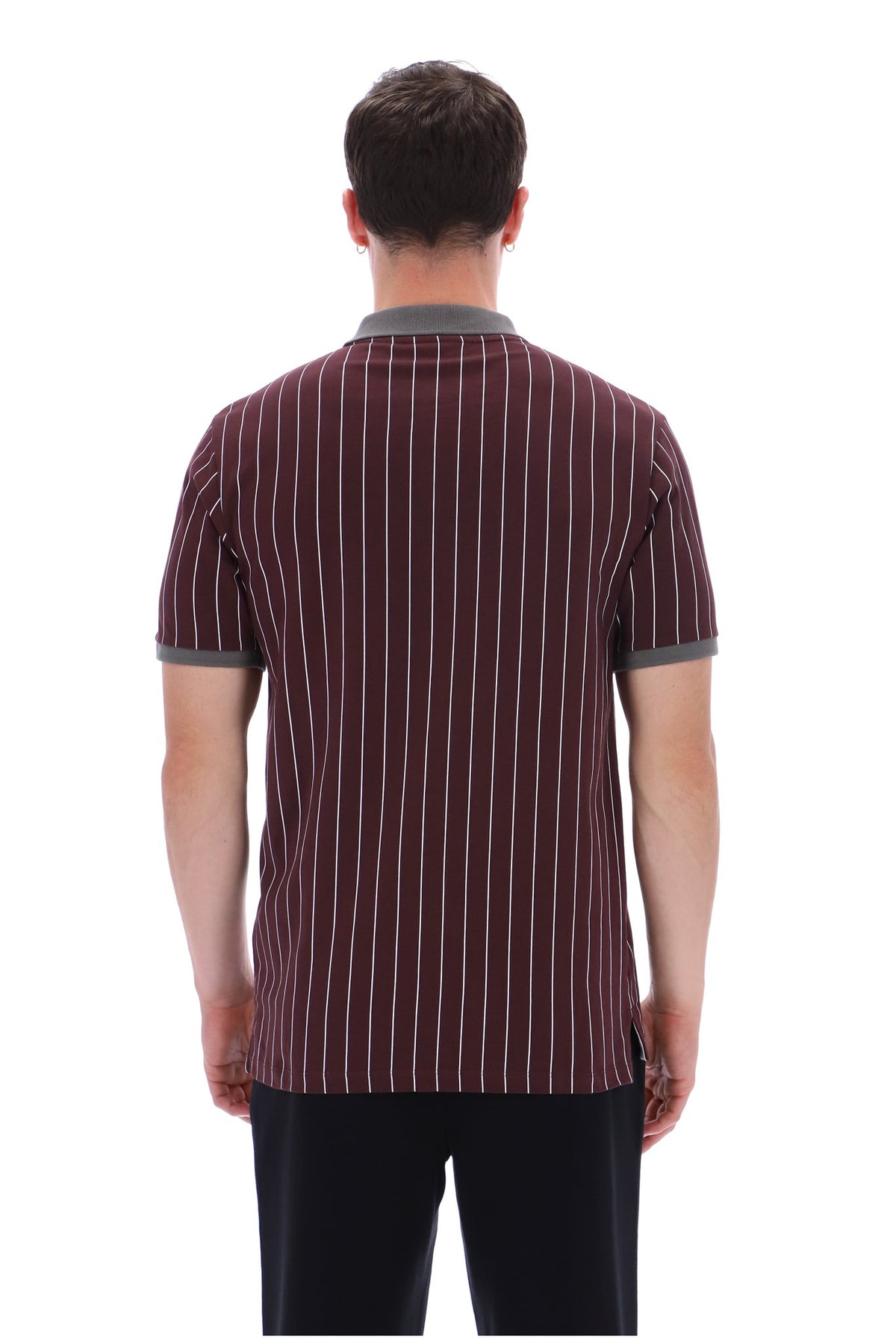 A man viewed from the back wearing a short-sleeve polo shirt with thin vertical white pinstripes on a dark burgundy base, featuring a gray collar and sleeve cuffs, paired with black pants against a white background.