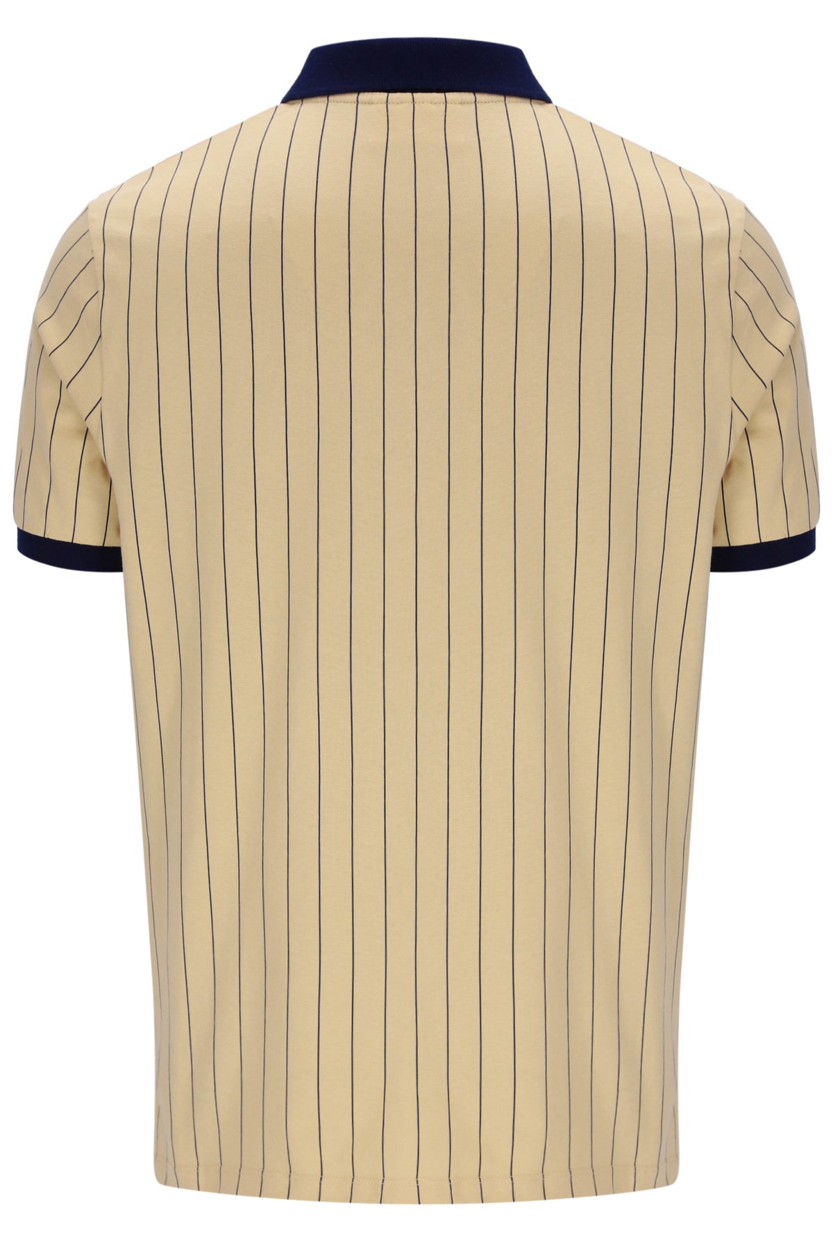Beige pinstripe polo shirt with navy trim on a white background