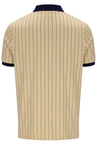 Beige pinstripe polo shirt with navy trim on a white background
