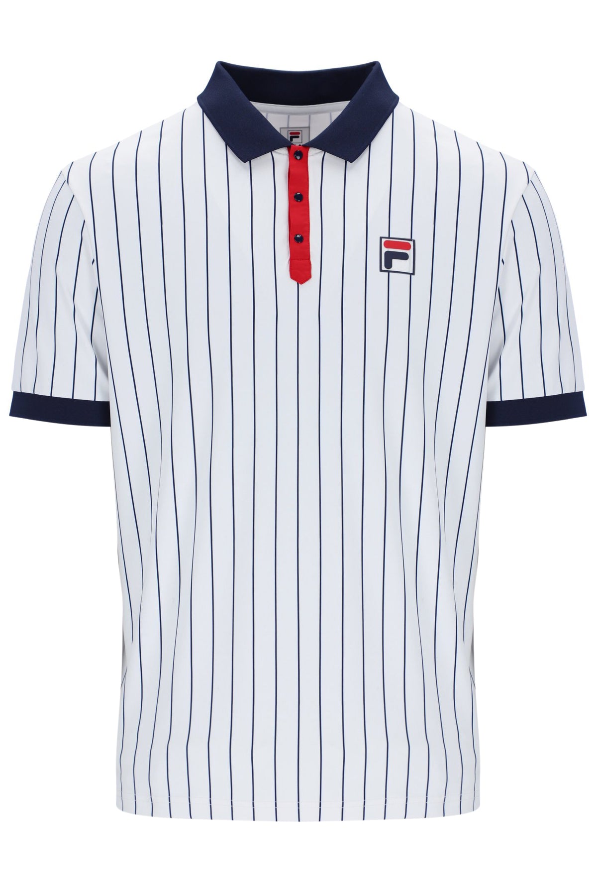 A white striped FILA polo shirt with red and blue accents and a button-up collar.