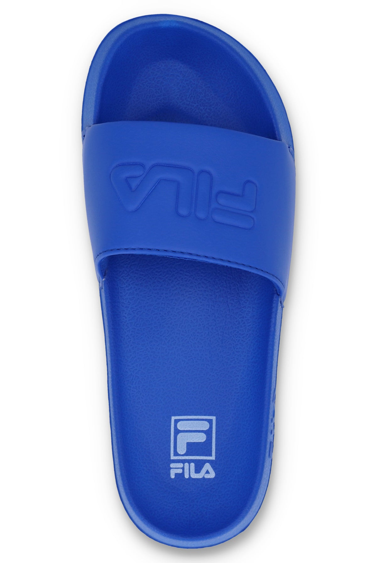 Blue slide sandal with Fila logo on a white background