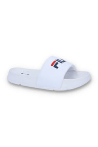 A white FILA bb slider with a comfortable footbed and non-slip sole, featuring the FILA logo on the strap.