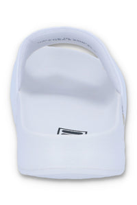 A white FILA bb slider with a comfortable footbed and non-slip sole, featuring the FILA logo on the footbed.