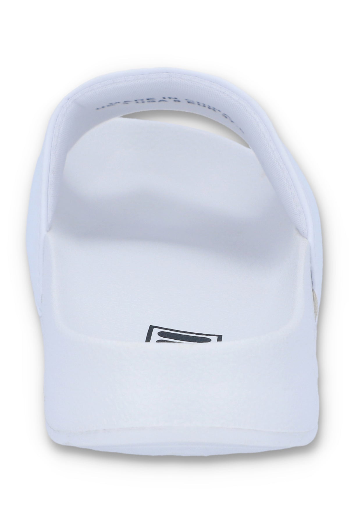 A white FILA bb slider with a comfortable footbed and non-slip sole, featuring the FILA logo on the footbed.