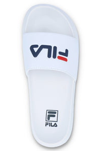 A white FILA bb slider with a comfortable footbed and non-slip sole, featuring the FILA logo on the strap and footbed.