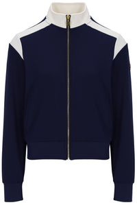A navy blue zip-up track jacket with contrasting white shoulder panels and a white stand-up collar, featuring a gold-tone zipper and ribbed cuffs and hem.
