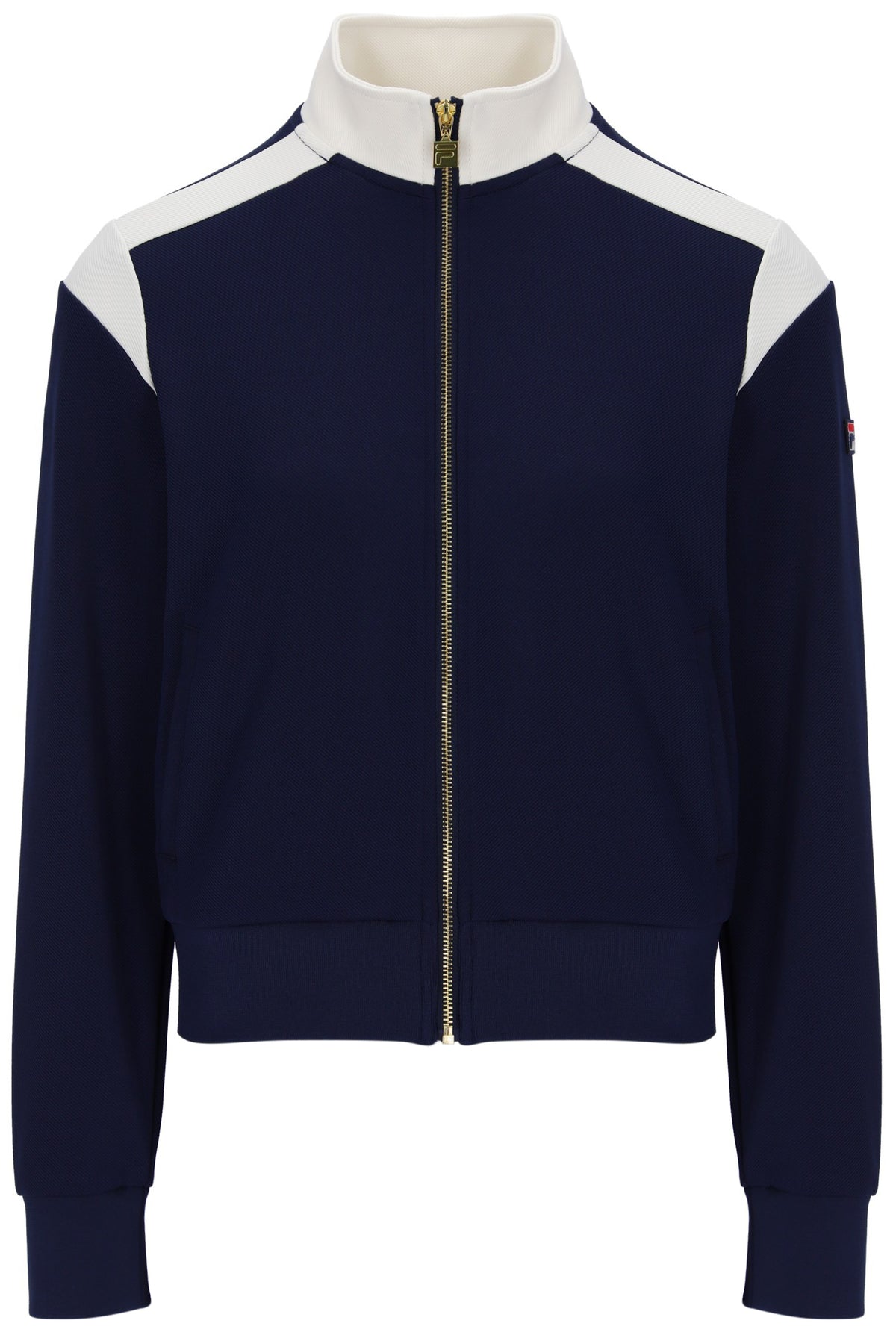 A navy blue zip-up track jacket with contrasting white shoulder panels and a white stand-up collar, featuring a gold-tone zipper and ribbed cuffs and hem.