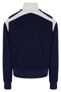 A navy blue long-sleeve track jacket with contrasting white shoulder panels, shown from the back on a white mannequin torso against a white background.