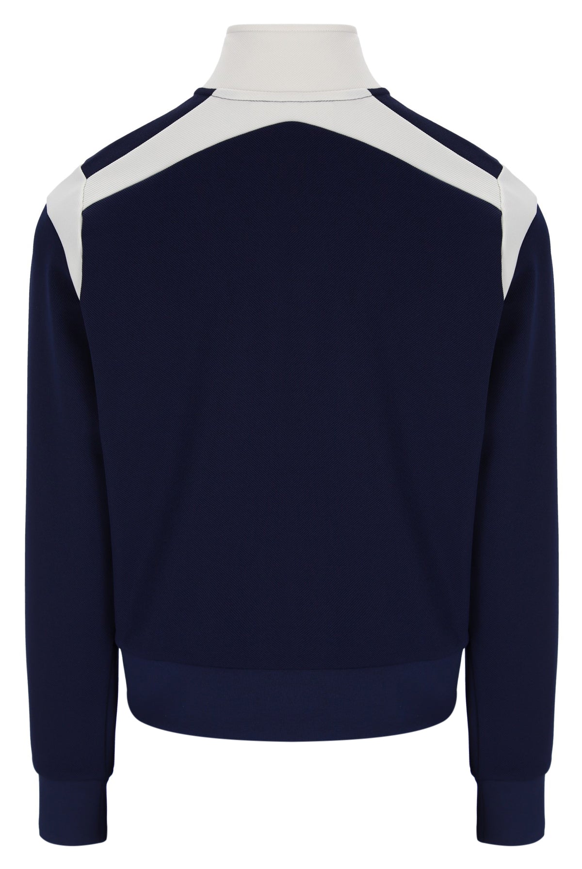 A navy blue long-sleeve track jacket with contrasting white shoulder panels, shown from the back on a white mannequin torso against a white background.