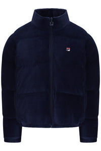 Displays the Navy 'Fila' branded Brandy Cosy Ribbed Velour Puffa Jacket
