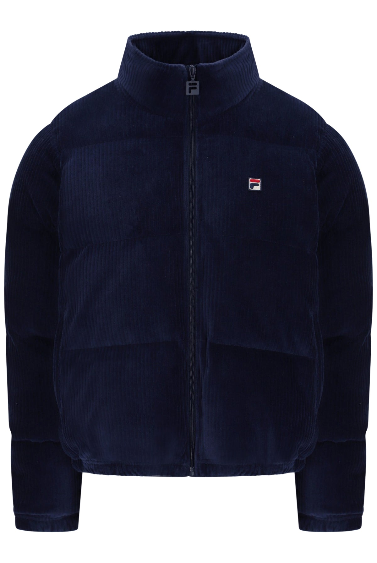Displays the Navy 'Fila' branded Brandy Cosy Ribbed Velour Puffa Jacket