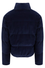 Displays the Navy 'Fila' branded Brandy Cosy Ribbed Velour Puffa Jacket