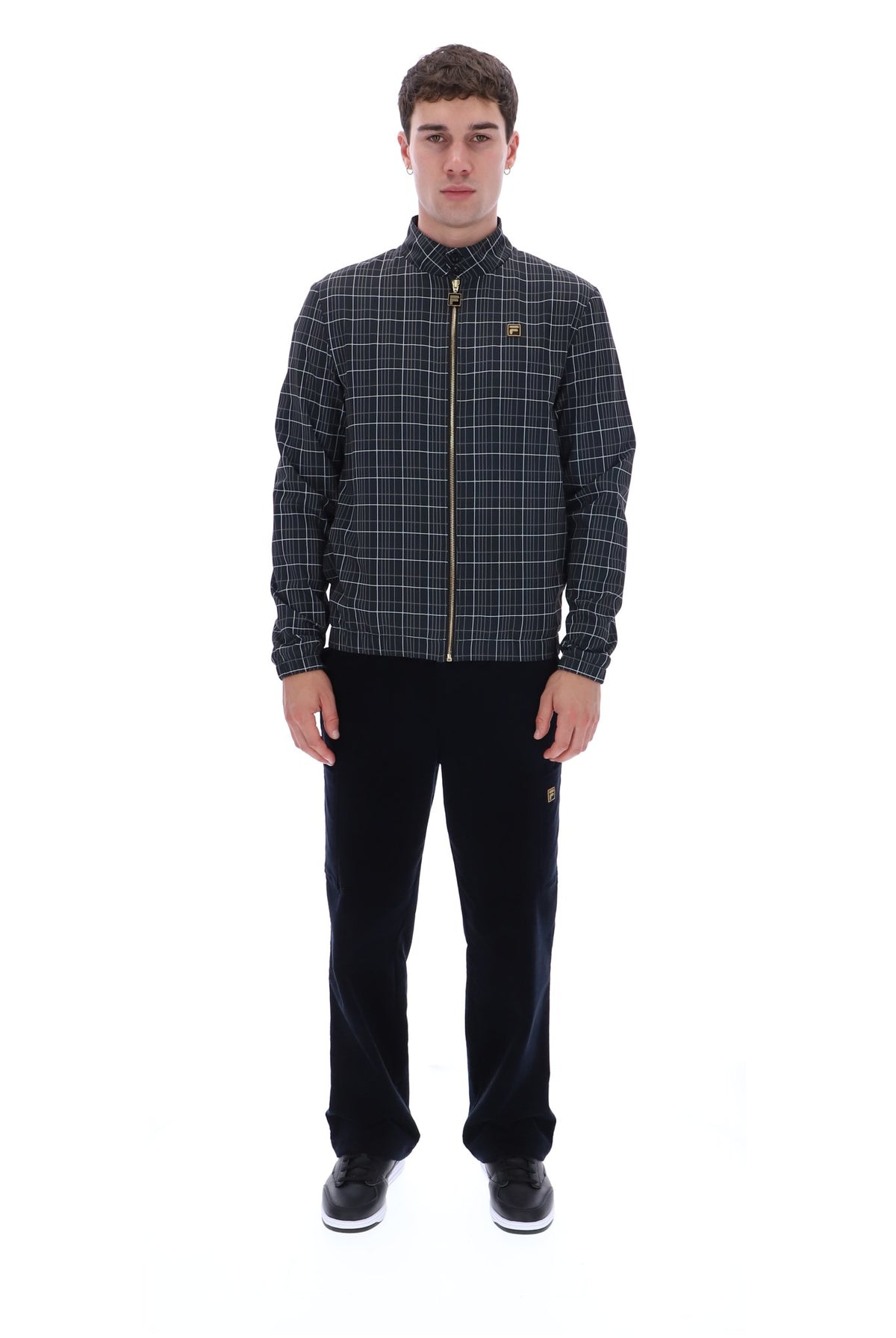 Black Brio Printed Check Biker Neck Jacket