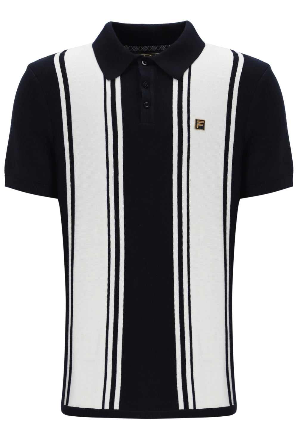 Black and white striped polo shirt on a white background