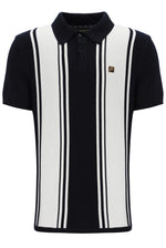 Black and white striped polo shirt on a white background