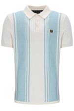 White polo shirt with blue stripes on a white background