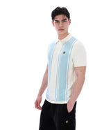 Man wearing a white and blue striped polo shirt on a white background