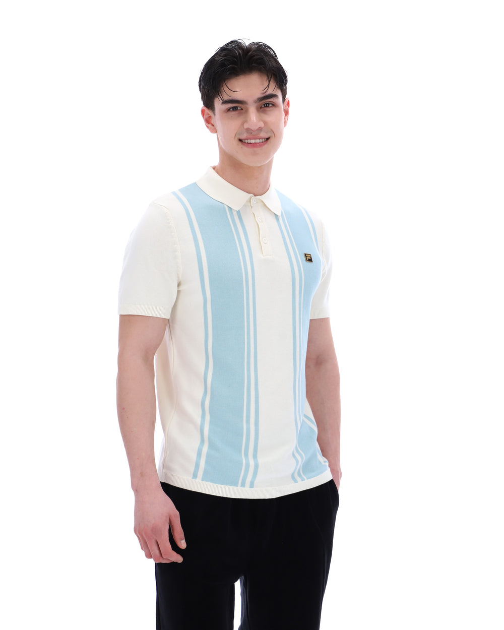 Man wearing a white polo shirt with blue stripes on a white background