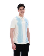 Man wearing a white polo shirt with blue stripes on a white background
