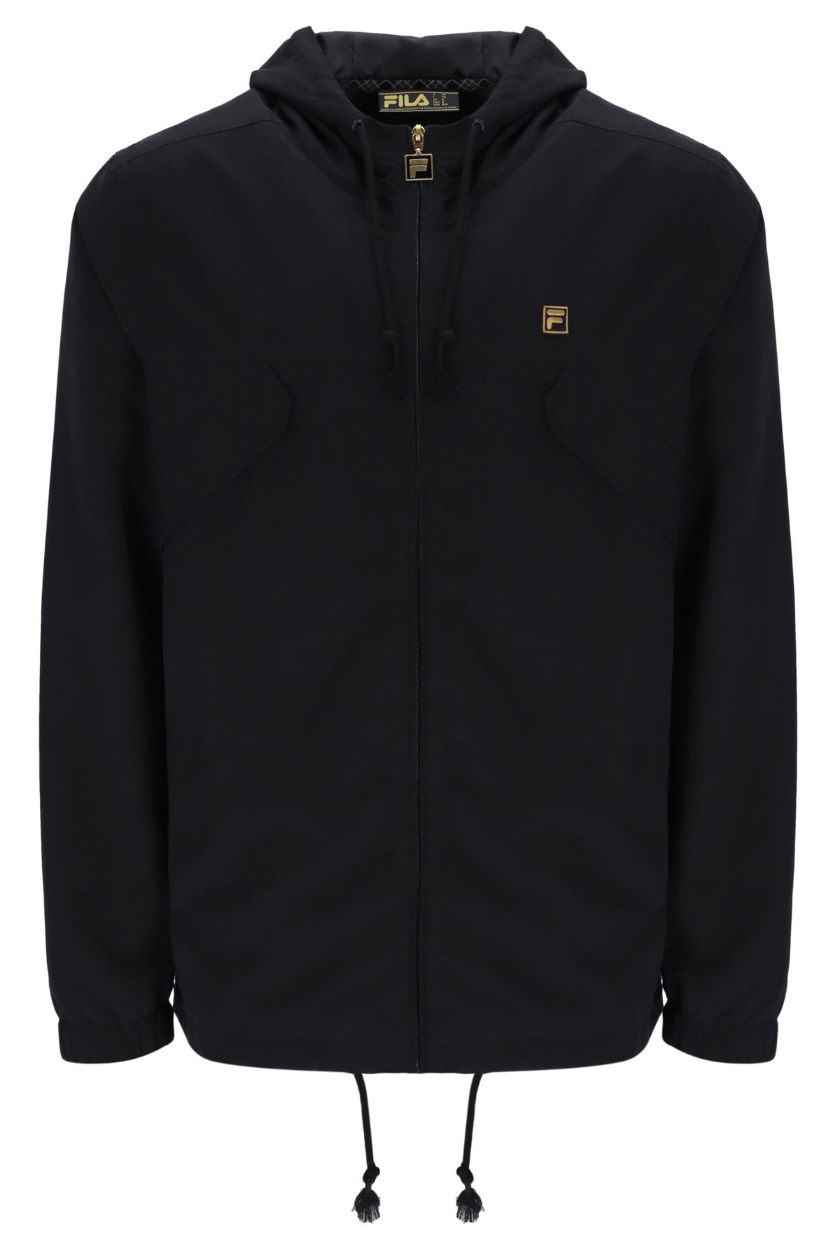 Black jacket with a brand logo on a white background