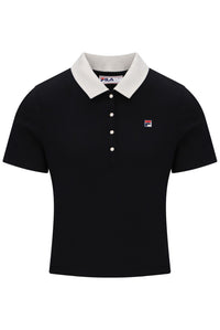 Displays the Black & Gardenia 'FILA' branded Callie Fitted Iconic Polo