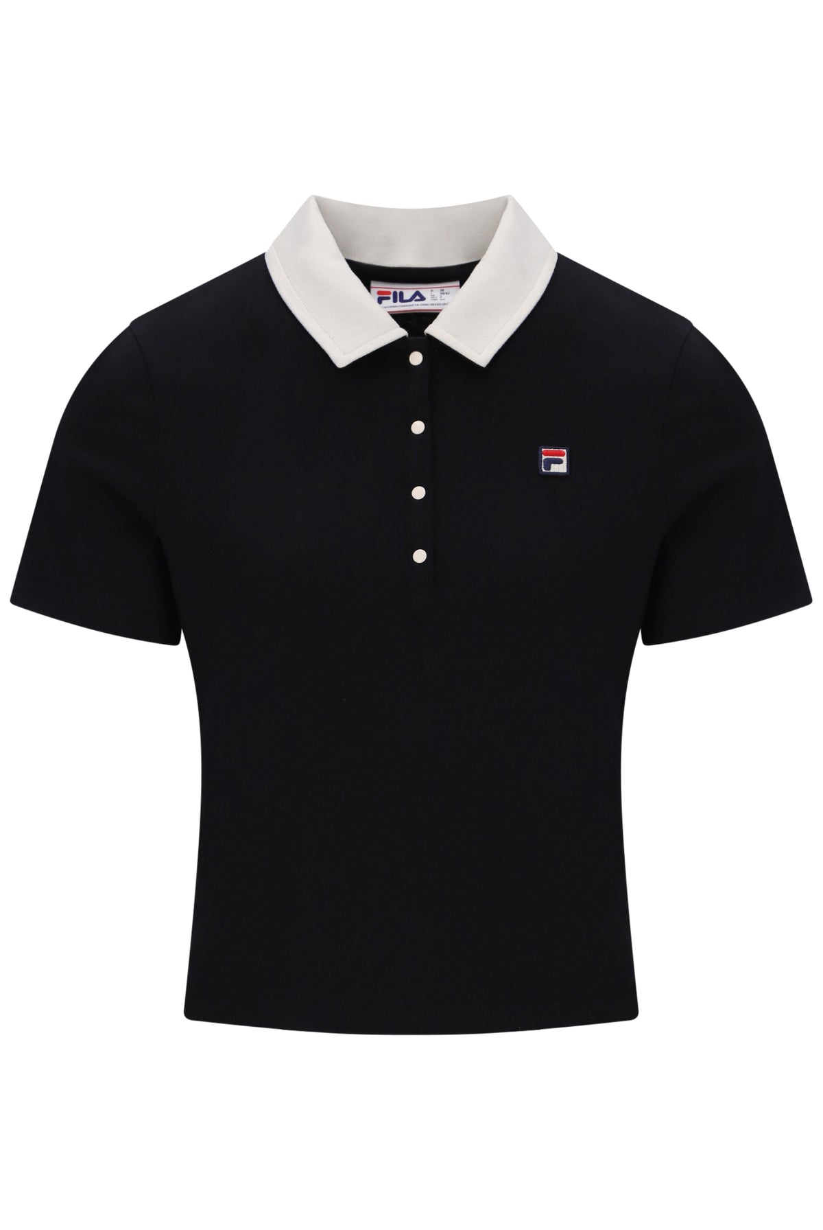Displays the Black & Gardenia 'FILA' branded Callie Fitted Iconic Polo