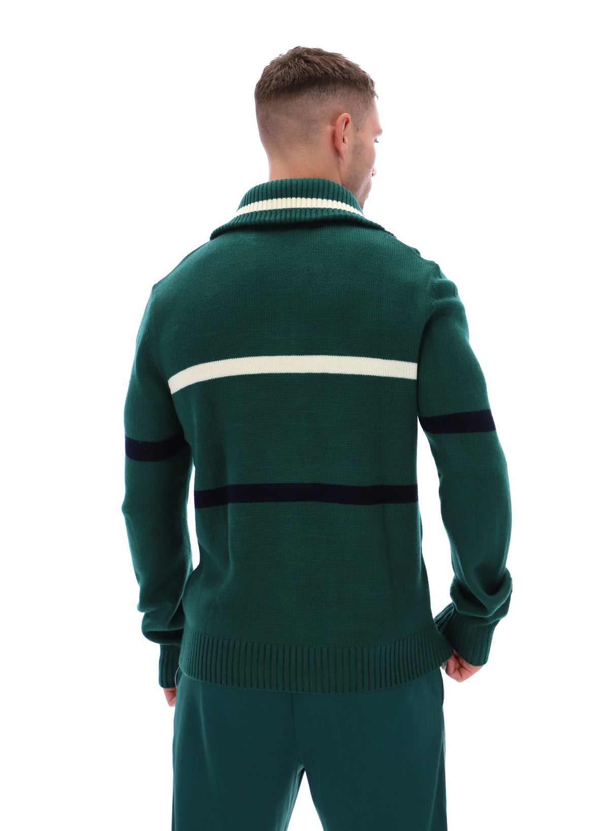 Displays a model wearing the Rain Forest 'FILA' branded Camilo Knitted Half Zip Jumper