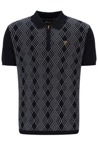 Black polo shirt with geometric pattern and Fila logo on a white background