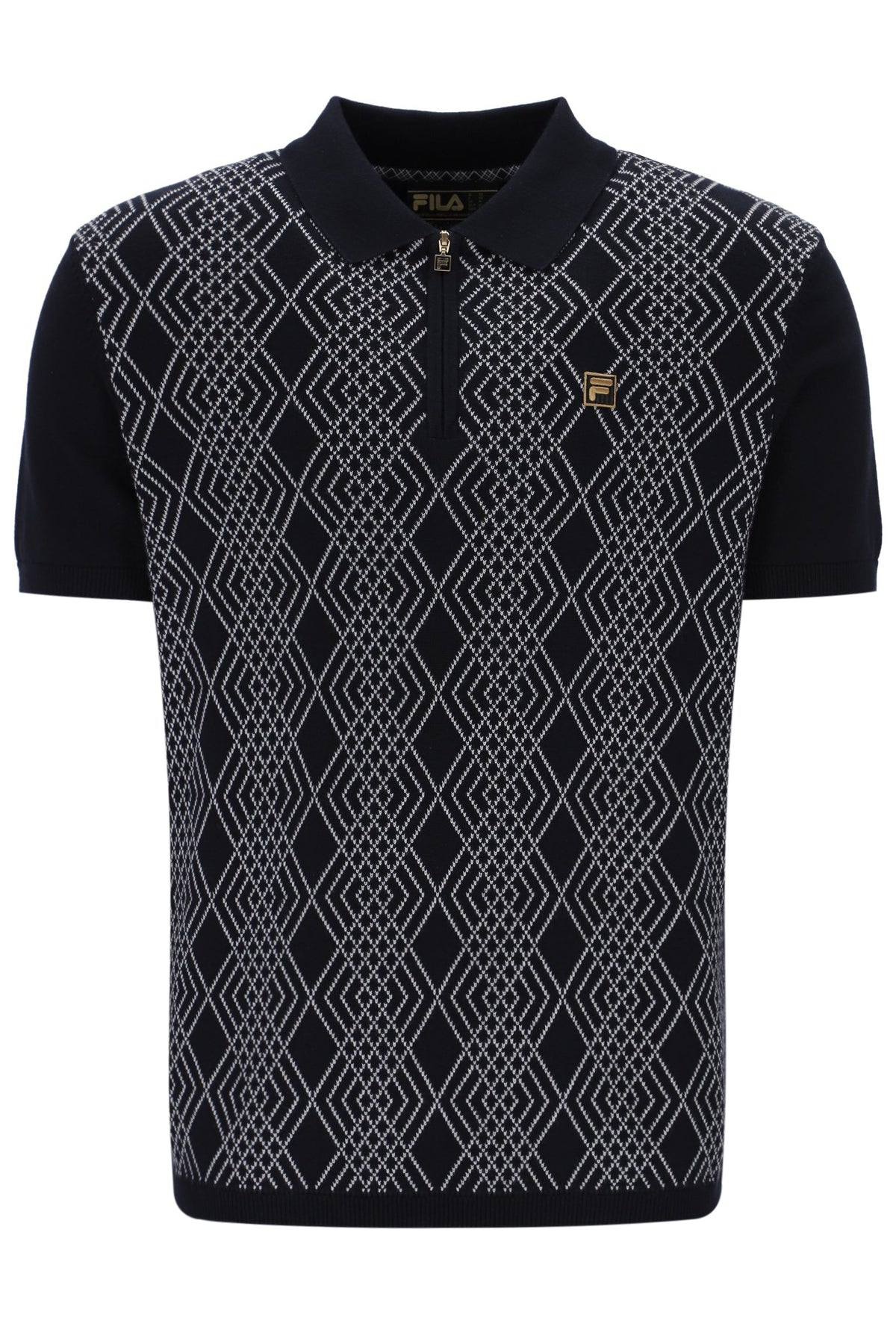 Black polo shirt with geometric pattern and Fila logo on a white background
