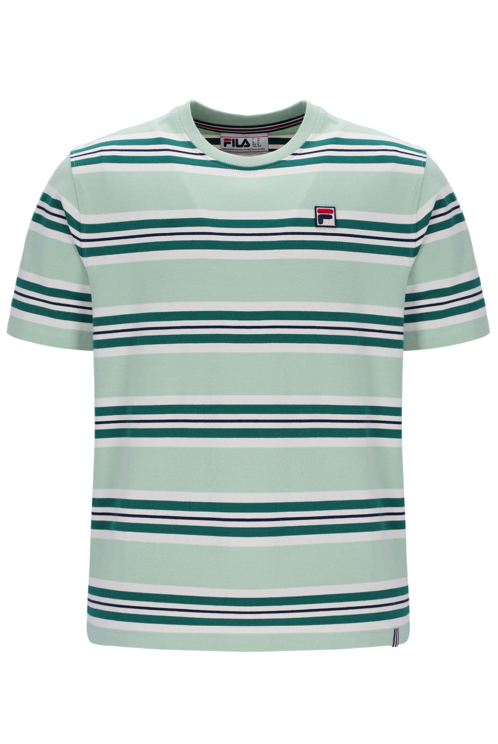 Green and white striped t-shirt with Fila logo on a white background