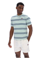 Man wearing a striped shirt and shorts with a brand logo on a white background