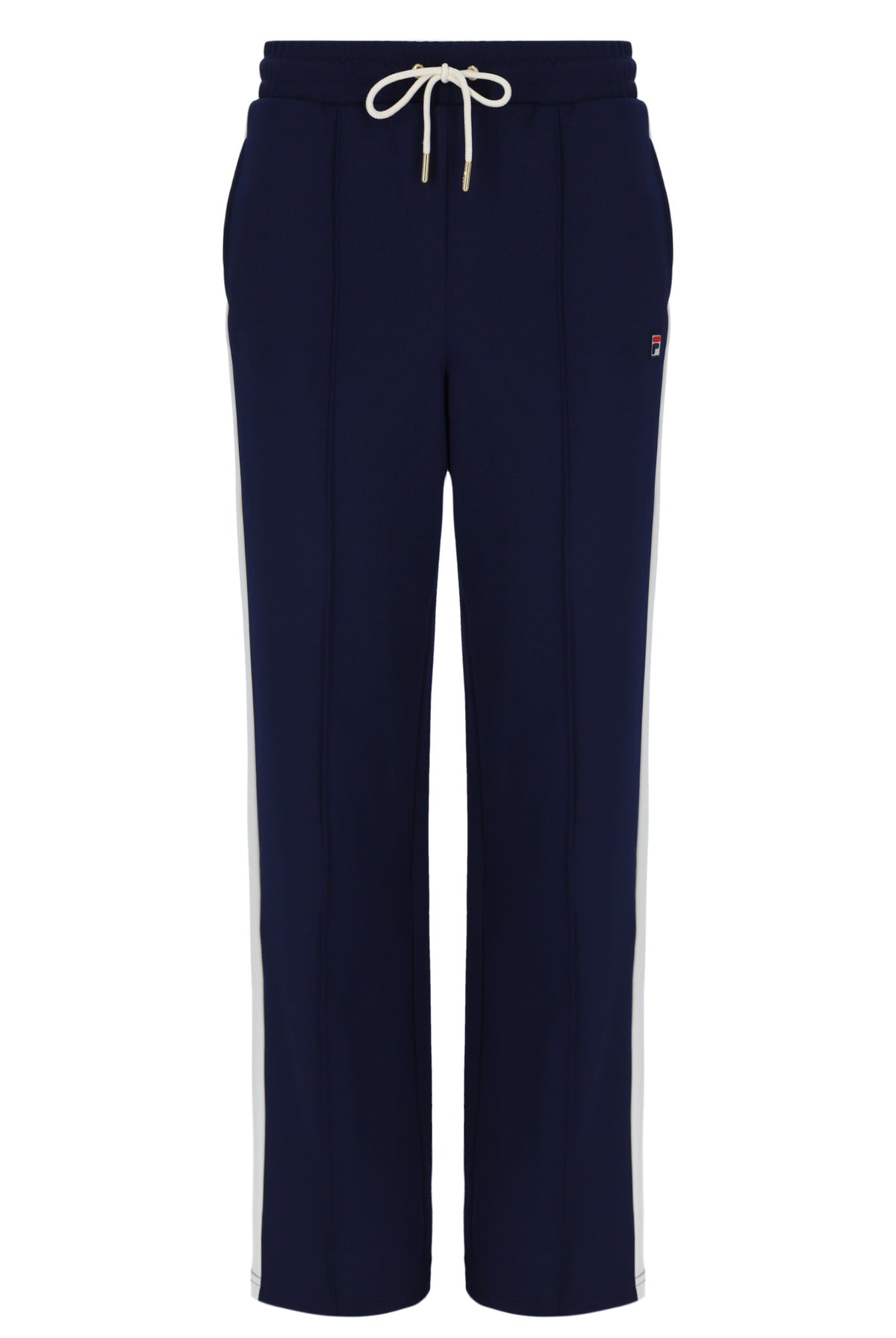 Navy blue wide-leg sweatpants with a white drawstring at the elastic waistband and white side stripes running down the legs, featuring a small red and white Fila logo on the left hip.