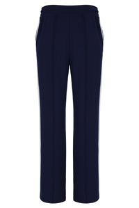 Navy blue wide-leg cropped trousers with white side stripes, shown against a plain white background.