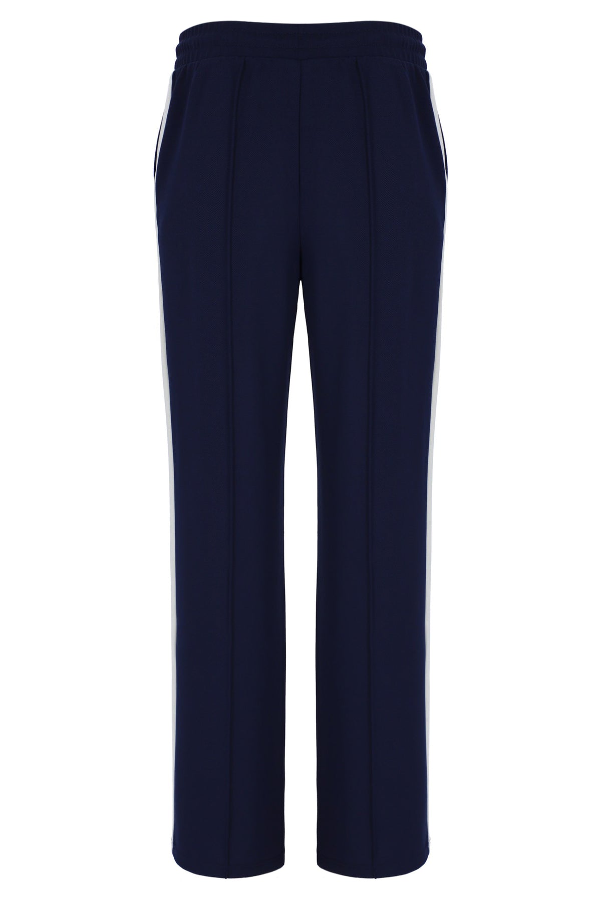 Navy blue wide-leg cropped trousers with white side stripes, shown against a plain white background.
