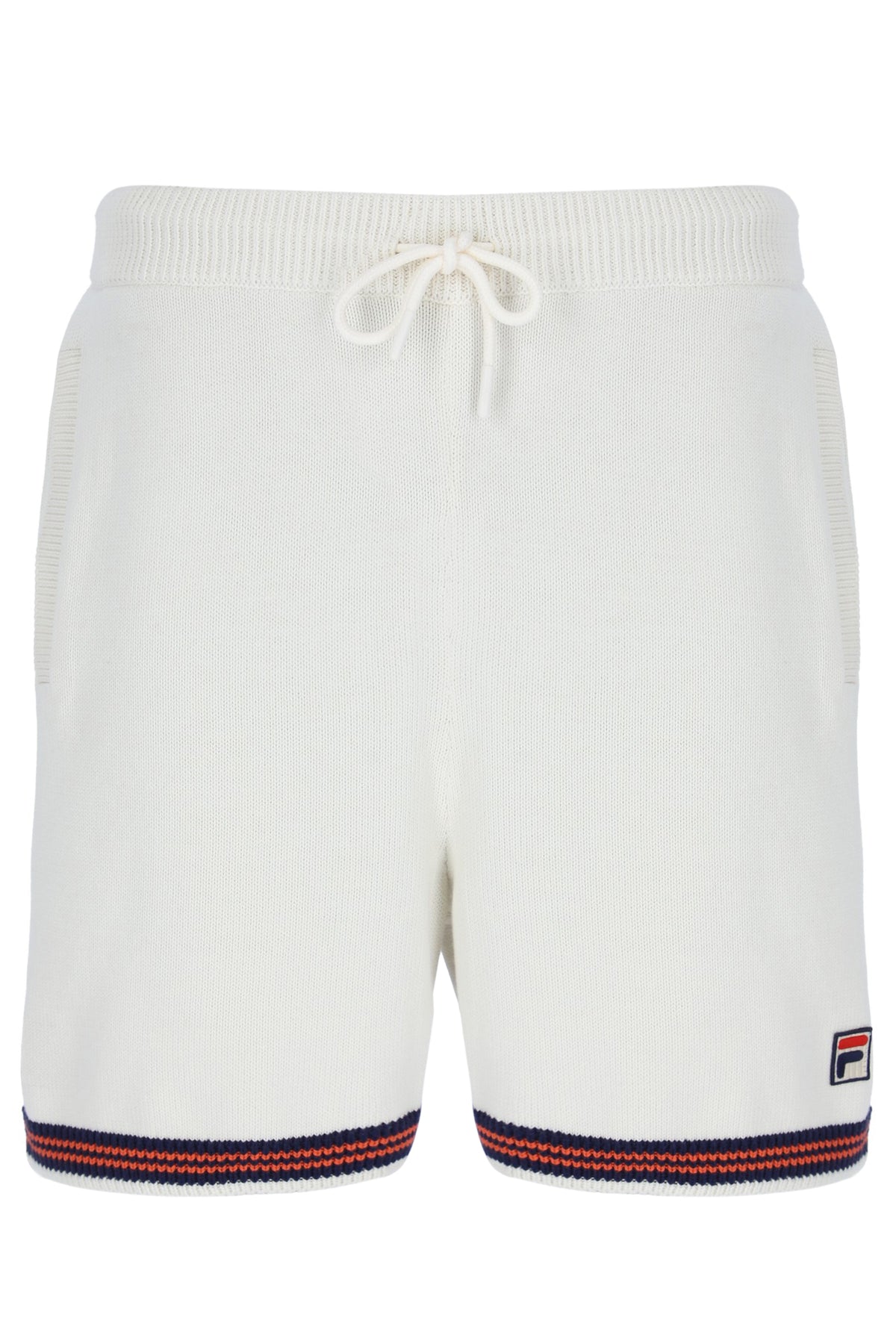 White shorts with a brand logo on a white background