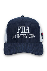 Displays Navy 'Fila' branded Cody Corduroy Mesh-Back Cap with Embroidered Graphic